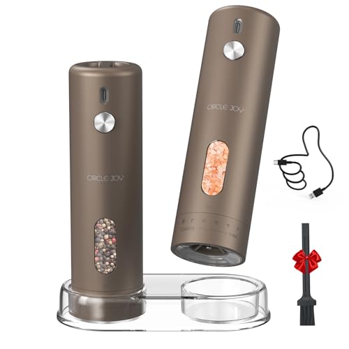 CIRCLE JOY Rechargeable Electric Salt and Pepper Grinder Set with Base, Automatic Pepper Mills with 110ml Container, External Adjustable Coarseness, White Led Light and One-Handed Operation, Brown - color: Brown