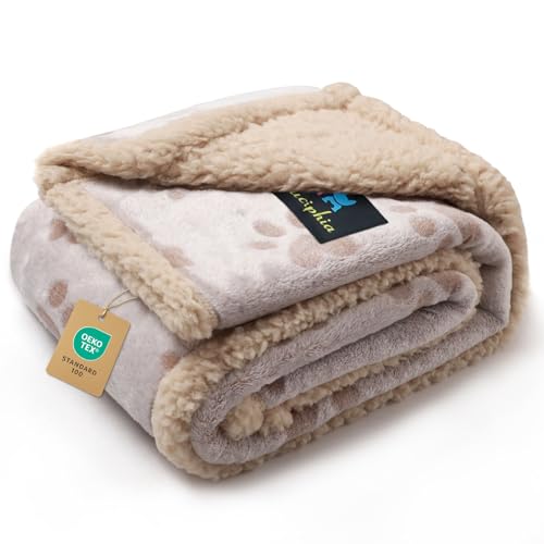 Luciphia Waterproof Dog Blanket Reversible Sherpa Fleece for Small Dogs Cat | Soft Print Pet Blanket Washable Pee Proof, Furniture Protector for Couch Sofa Bed Car, Cozy Throw (40" x 28", Khaki) - color: Khaki Paw, size: S (40" x28")