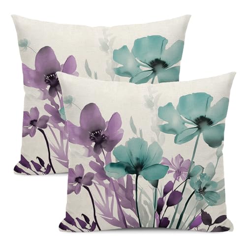 Spring Floral Pillow Covers 18x18 Inches Set of 2 Purple Teal Floral Throw Pillow Cover Outdoor Summer Flower Decoration Pillowcase Farmhouse Decorative Linen Cushion Cover For Home Couch Sofa - color: Flower- Purple Teal, size: 18" x 18" (Pack of 2)