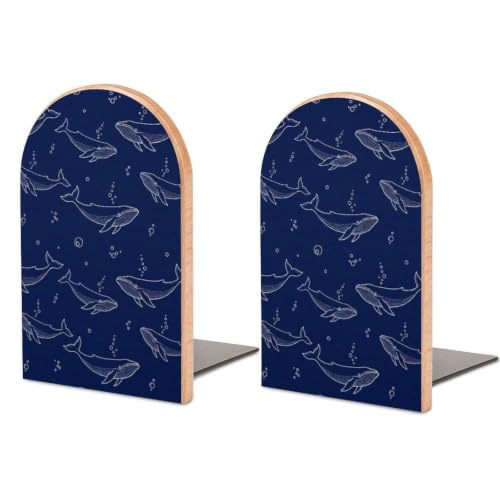 Wood Book Ends Decorative Bookends Holders with Metal Base, Navy Blue | Whales, Book Stoppers, Non-Slip Shelves Accessories for Magazines, DVDs, 1 Pair - color: Style(514)