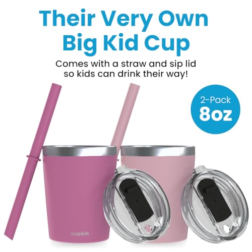 CUPKIN Kids Tumblers, The Original 8 oz Stackable Stainless Steel Kids Cup with Straws, Set of 2 Powder Coated Insulated Toddler Tumbler + BPA Free Lids + Silicone Straws (Polignac + Potpourri) - color: Polignac + Potpourri, size: 8 Fl Oz (Pack of 2)