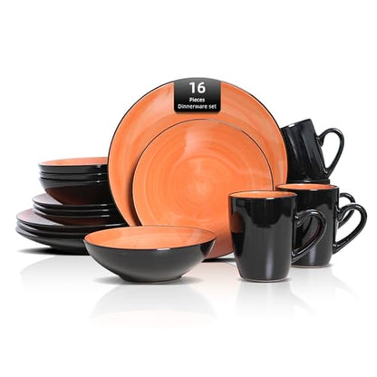 HomeVss Sonoma 16 Piece Stoneware Dinner Set, Outside Black + Inside Handpainted Color Orange with speckle - color: Orange
