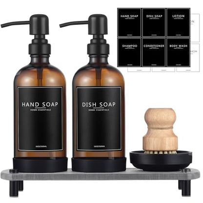 Kitchen Soap Dispenser Set with Instant Dry Tray,16 Oz Hand and Dish Soap Amber Glass Dispenser Set,Stainless Steel Pump,Waterproof Labels&Dish Brush,Luxury Soap Bottle for Kitchen,Bathroom - color: Amber Bottle+black Pump