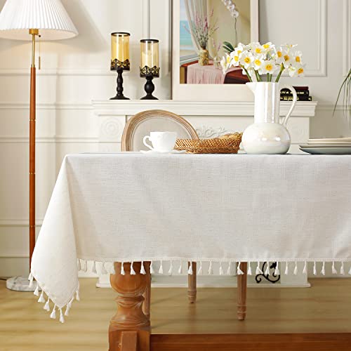 Laolitou Rustic Cotton Linen Table Cloth,Tablecloths for 6 Foot Rectangle Tables,Waterproof Washable Tablecloth with Tassel Rectangle/Oblong, 55''x 86'', 6-8 Seats - color: Blue Stripe, size: 86" x 55" (Rectangular)