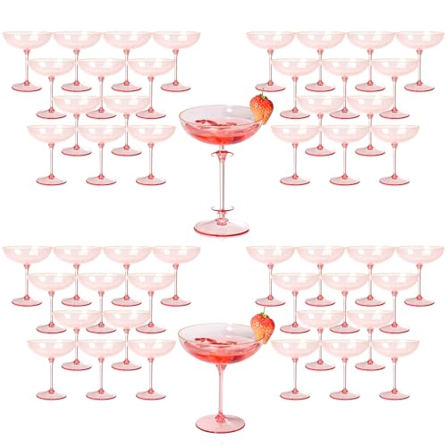 Detachable Martini Glasses 9oz Plastic Pink Champagne Coupe Glasses Gold Rim Hand Blown Vintage Cocktail Glassware Set Unique Martini Glass For Wine Wedding (100, Clear Pink) - color: Clear Pink