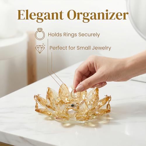 Crystal Flower Jewelry Tray, Luxury Transparent Decorative Trinket Dish for Rings, Earrings, Necklaces, Keys for Vanity Dresser Nightstand, Elegant Gift for Women Mother's Day (1, 6.3"(W)- Gold) - size: 6.3"(W)- Gold