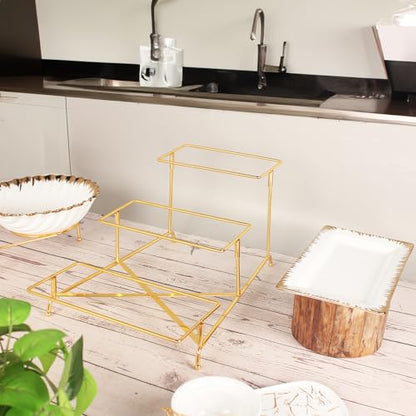 3-Tier Serving Rack with Ceramic Serving Tray, Foldable Gold Stand with 3 Pieces 10.2"/11.8"/13.8" Gold Rim Large Plates for Food Display, Fruit, Dessert Server Display and Entertaining - color: 3-tier 10.2"/11.8"/13.8" Serving Rack