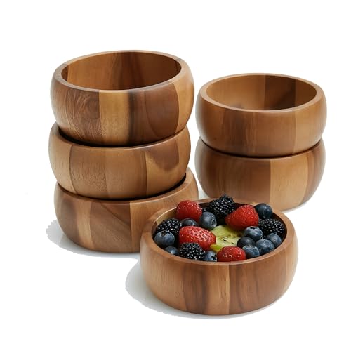 Woodard & Charles Set of 6 Acacia Wood Large Ind. Salad Bowls, 6.5" x 2.5" | Wood Individual Serving Bowls For Salad, Snacks, Fruit, Nuts, Candy And Chips; Perfect For Entertaining And Everyday Use - size: Acacia Wood Individual Bowls - Set of 6