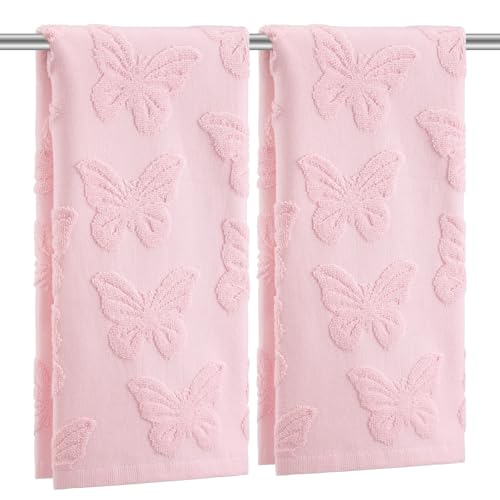 2 Pcs Pink Butterfly Hand Towels for Bathroom Decor, 100% Cotton | Jacquard Weave with Butterfly Decor, Preppy Style for Teen Girls Bathroom, Soft Absorbent Towels Set, 13.7x29.5 Inch - color: Pink, style: Butterfly