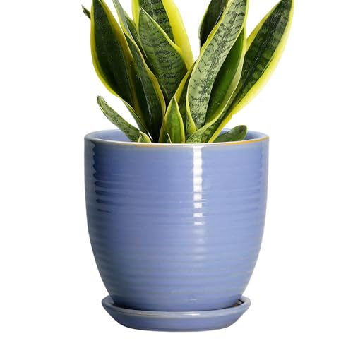 6 Inch Ceramic Pots for Plants - Ceramic Plant Pots with Drainage Hole and Saucer, Flower Pot for Indoor Plants, Round Modern Planter, Apartment Decor, Housewarming Gifts, Blue-Purple - color: Blue-bright, size: 6 Inch
