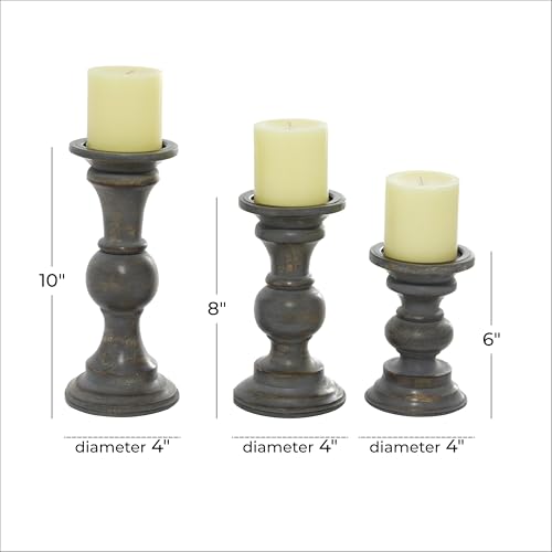 Deco 79 Wood Decorative Candle Holder Candle Stand, Set of 3 Candlestick Holder 6", 8", 10"H, Dark Gray