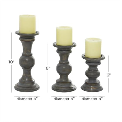 Deco 79 Wood Decorative Candle Holder Candle Stand, Set of 3 Candlestick Holder 6", 8", 10"H, Dark Gray