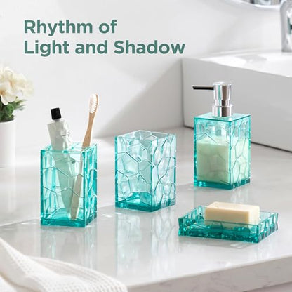 HBlife Bathroom Accessories Set, Acrylic Bathroom Counter Set of 4 | Boho acrylic bathroom decor, 4-pc: holder, soap, tumbler, dish, Easy-clean & rustproofd, Ideal housewarming gift - style: Teal Blue