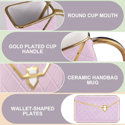 Zubebe 1 Set Coffee Mug Elegant Handbag Shaped Cup Modern Ceramic Purse Mug with Spoon and Saucer, 10oz Cute Creative Tea Cup for Woman Girls Gift (Purple) - color: Purple