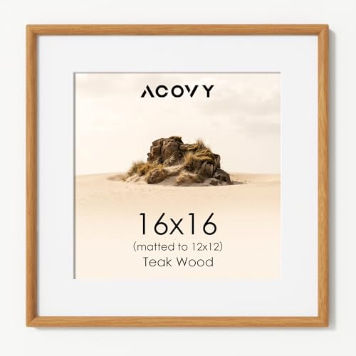 Acovy 16x16 Square Picture Frame, Natural Solid Teak Wood 16"x16" Photo Frame for Wall, Handcrafted Wooden Poster Frame 16 x 16 Matted to 12x12, High Definition Tempered Glass, Wall Hook Included, Natural Teak - color: Teak, size: 16"x16"