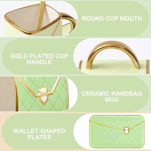 Zubebe 1 Set Coffee Mug Elegant Handbag Shaped Cup Modern Ceramic Purse Mug with Spoon and Saucer, 10oz Cute Creative Tea Cup for Woman Girls Gift (Light Green) - color: Light Green