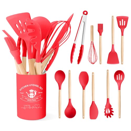 Kitchen Utensils Set Silicone Kitchen Utensils Set with Wooden Handle Utensils for Cooking Heat Resistant Silicone Non-Stick Cookware BPA FREE (Red) - color: Red