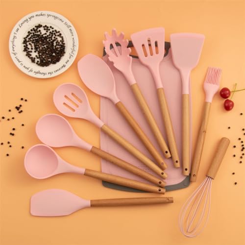 Kitchen Cooking Utensils and Knife Set with Block, 19 Pieces Cooks Cutting Set 11 Silicone Utensils Tool 5 Pcs Sharp Stainless Steel Chef Knives Scissors Whisk Tongs and Cutting Board (Pink) - color: Pink
