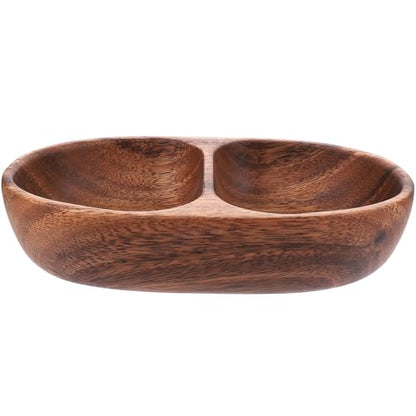 FUOYLOO Divided wood snack and fruit serving bowl, double compartment candy plate, salad bowl container, versatile wooden appetizer tray