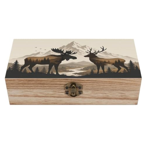 Moose Deer Mountain Forest Wooden Storage Box Organizer Decorative Keepsake Memory Box Rustic - color: Moose Deer Mountain Forest