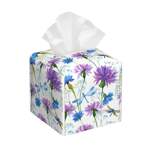 Watercolor Flowers and Dragonflies Tissue Box Cover Square,Purple Blue Floral Tissue Box Holder Waterproof Leather Facial Paper Organizer Dispenser for Bathroom Home Car Nightstand Vanity Desk - color: Color-9