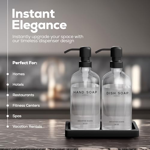 Glass Hand and Dish Soap Dispenser Set by Brighter Barns - Kitchen Soap Dispenser Set with Tray, Stainless Steel Pump - Glass Bottles for Sink - Black Kitchen Accessories for Home, Hotel, Gift (Clear) - color: Clear Hd