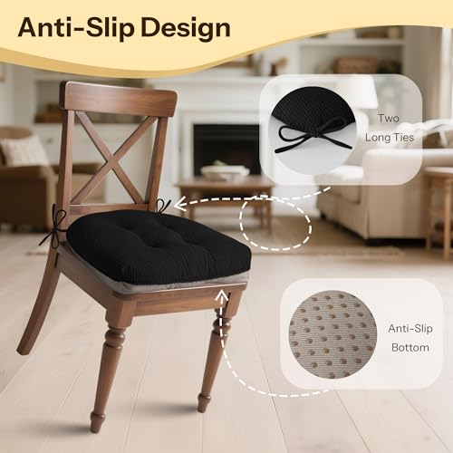 Anti Slip Kitchen Chair Cushions Set of 4 18"X16.5"X3" Black | Elegant Breathable Textured Fabric, with Ties, Tufted, Thick Polyester Filling, for Dining Chairs, Folding Chairs, Office - color: Black