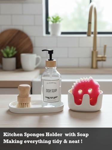 Ceramic Double Sponge Holder with Soap Tray, 2-Slot Countertop Sink Organizer, Modern White Kitchen Sponge & Dish Soap Holder, Rust-Free, Easy to Clean, Decorative Sink Caddy Set - size: Dual-Set