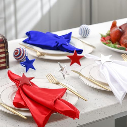 24 Pcs Patriotic Cloth Napkin with Metal Napkin Rings Set 4th of July Red White Blue Silver Star Ring Holder for 250th Anniversary Independence Day Party Dining Table Decoration