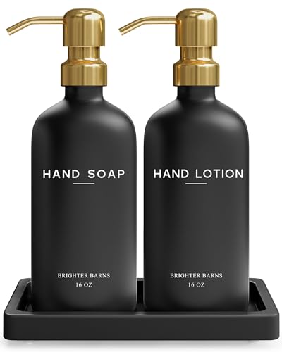 Luxury Glass Soap and Lotion Dispenser Set with Tray by Brighter Barns - Black and Gold Soap Dispenser Bathroom Set - Modern Bathroom Decor for Airbnb, Guest House, Vacation Rental, Gift (Black/Gold) - color: Black/Gold Sl