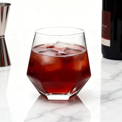 Diamond Wine Glasses Set of 12, 11 oz Stemless Tumbler Glasses | Clear Glass for Wine, Cocktail, Whiskey, Juice, Soda - Ideal for Parties, Home Bar, Daily Use & Gift Giving
