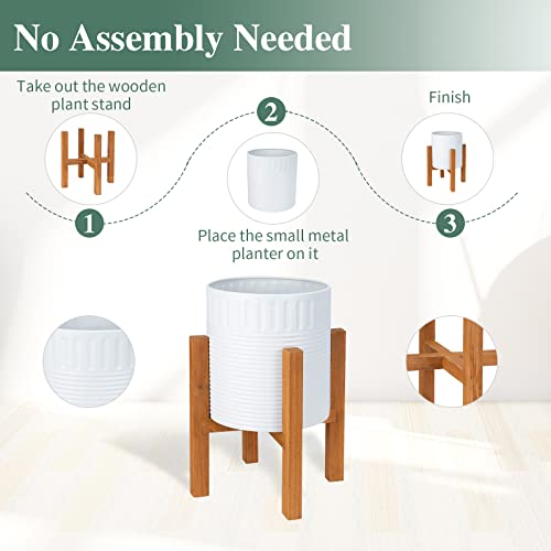 2-Piece White Metal Planter Set with Wood Stand, Indoor Mid Century Modern Planters with Drainage, 8" & 10" | Planter with Drainage Hole, Elevated Wooden Holder, Indoor Home Decor for Snake Plants, Pothos and Large Houseplants