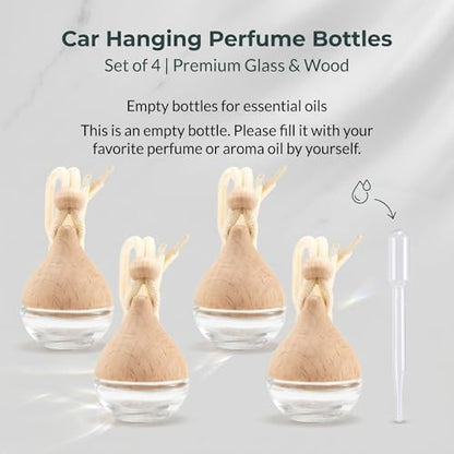 4PCS Refillable Hanging Car Diffuser Empty Glass Bottle Set | Glass vials with wood lids & hanging rope, custom essential oil pendant for car home office - size: Reed Stick - 4PCS