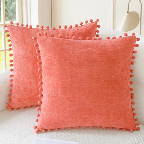CaliTime Decorative Couch Throw Pillow Covers 16 X 16 Inches Living Coral | Pack of 2, Cozy Chenille Cushion Cases, with Pom Poms for Sofa Bed Living Room Farmhouse Home - color: Living Coral, size: 16" x 16" (Pack of 2)