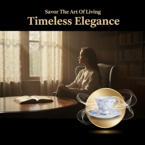 Ceramic Tea Cup & Saucer Set, 170 mL (5.7 fl oz) Coffee Mug with Blue and White Rose Pattern, Vintage Floral Design with Gold Rim, Office and Home Drinkware with Gift Box, Elegant Presentation