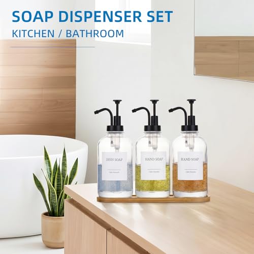 Glass Soap Dispenser with Pump, Dish and Hand Soap Dispenser for Kitchen Bathroom, Glass Dispenser Set with 18 Stickers Funnel Bamboo Tray 500ml 18oz Clear - color: Clear 3