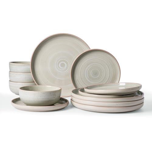 Famiware Meteor 12-Piece Stoneware Dinnerware Set, Matcha Green | Plates and Bowls for 4, Reactive Glaze with Speckles & Circles, Microwave/Dishwasher Safe, Chip/Scratch Resistant - color: Matcha Green, size: Service for 4 (Standard Dinner Set)