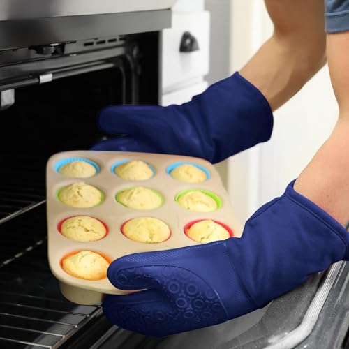 BPA-Free Soft Silicone Oven Mitts - Ultra Heat Resistant Oven Mitts with Thick Cotton Liner - Long Slip Resistant Pot Holders, Flexible Oven Gloves - Royal Blue 13.7" - color: Blue, size: 2-Piece 13.7" Oven Mitts