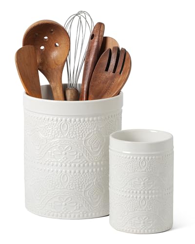 Kitchen Utensil Holder, 7.2+5.5" Super Large Utensil Crock Heavy and Stable Lace Emboss Ceramic Utensil Holder for Kitchen Counter(2Pcs Bright White) - color: 2Pcs Bright White