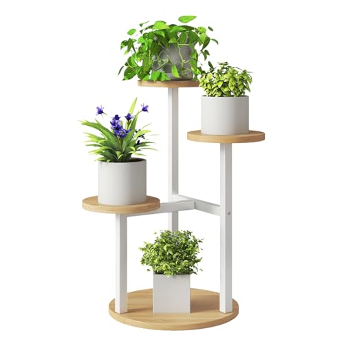 IBUYKE 4 Tier Plant Stand Indoor, Metal Wood Plant Shelf for Multiple Plants, Small Tiered Corner Flower Pot Stand for Living Room Patio Balcony Garden, White TMJ073R - color: White, size: 4 Tier