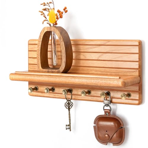 Rebee Vision Cedar Wood Key Holder Wall Mount for Room Decor, Natural | Key Holder for Wall, 6 Key Hooks, Floating Shelf, Plant Display, Mail Organizer, Farmhouse Home Decor Solution - color: Neutral, size: Medium-11inch