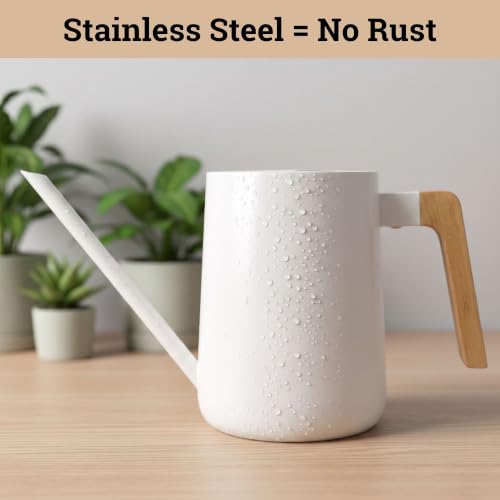 Metal Small Indoor Watering Can with Long Spout & Real Wood Handle, 35oz | Long Spout, Stainless Steel, Real Wood Handle, Gentle Flow, No Spills, Suitable for House Plants, Succulents & Seedlings - color: White