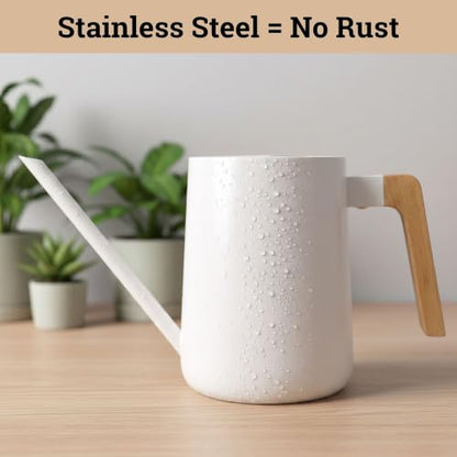 Metal Small Indoor Watering Can with Long Spout & Real Wood Handle, 35oz | Long Spout, Stainless Steel, Real Wood Handle, Gentle Flow, No Spills, Suitable for House Plants, Succulents & Seedlings - color: White