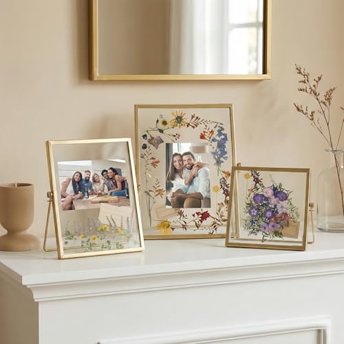 Relaxing Garden Pressed Flower Frame Kit, 3 Frames, 68 Flower Pieces | Three gold double-glass tabletop frames in 6x6, 6x8 and 7x9 sizes, with tweezers for flowers, photos and flat keepsakes.