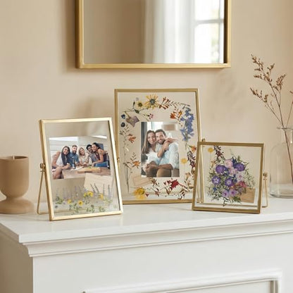 Relaxing Garden Pressed Flower Frame Kit, 3 Frames, 68 Flower Pieces | Three gold double-glass tabletop frames in 6x6, 6x8 and 7x9 sizes, with tweezers for flowers, photos and flat keepsakes.