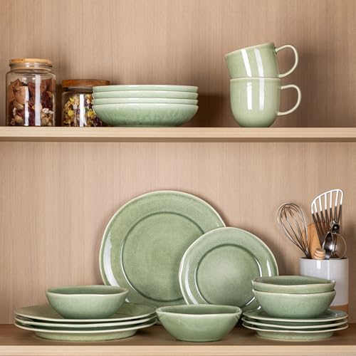 AmorArc Ceramic Dinnerware Sets for 4, Handmade Plates and Bowls Sets | Stoneware Reactive Glaze Dish Set, Scratch Resistant, Dishware Set for Kitchen Wedding, Dishwasher & Microwave Safe, 12 Pcs - color: Olive Green