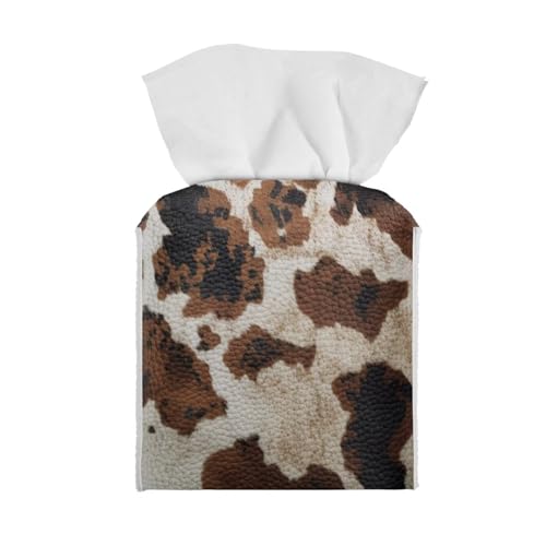Brown Cow Print Square Tissue Box Holder with Bottom Belt Foldable Napkin Facial Tissue Holder Dispenser Home Car Office Paper Organizer - color: Brown Cow Print