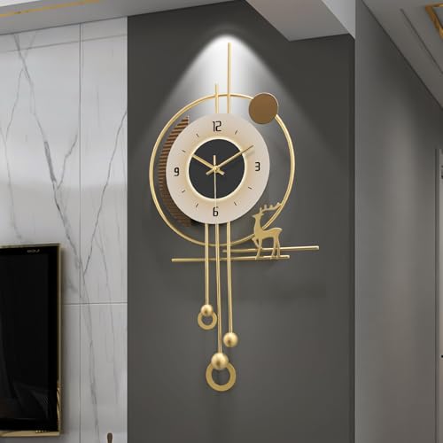 Modern Wall Clock for Living Room,Large Gold Decorative Wall Clock with Light,Creative Silent Clock Battery Operated for Kitchen/Entryway/Bedroom/Office/Dinning Room Metal Wall Decor - size: 15"Lx31"W