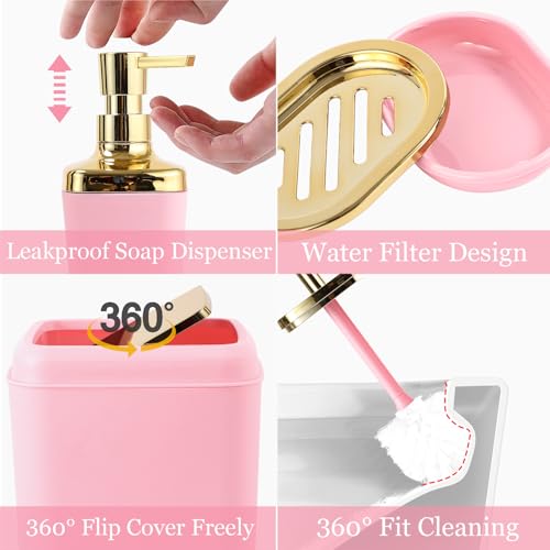 XLHOMO Bathroom Set - Pink Bathroom Sets with Shower Curtain and Rugs, 24PCS Shower Curtain Set with Hooks, Soap Dispenser, Soap Dish, Toilet Brush Holder and Trash Can for Housewarming - color: Pink and Gold, size: Bathroom Set+Shower Curtain+Bath Rugs