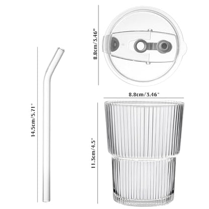 13oz/400ML Glass Tumbler with Straw and Lid Ribbed Vertical Ice Coffee Cups Sealed Carry on for Coffee Iced Tea, Thick Wall Glassware Tumbler Water Glass - color: 1Pack Clear-A